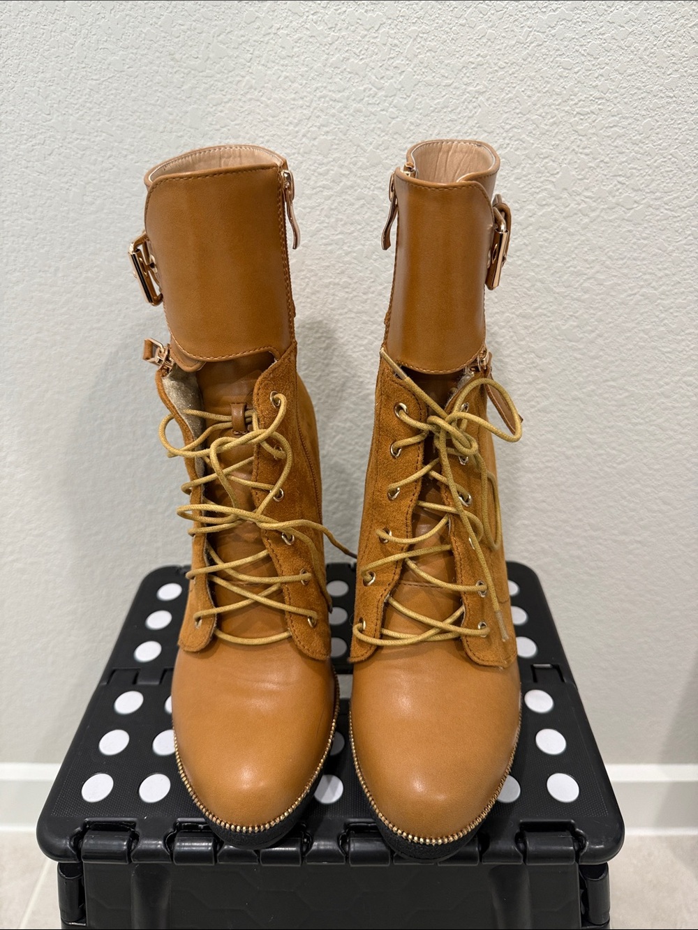 Italina Tan Lace-Up Leather & Suede Ankle Boots with Buckle
